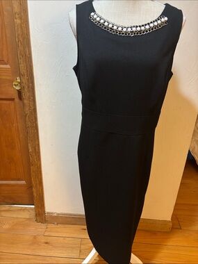 Black Sleeveless Midi Sheath Dress with Jewel-Embellished Neckline